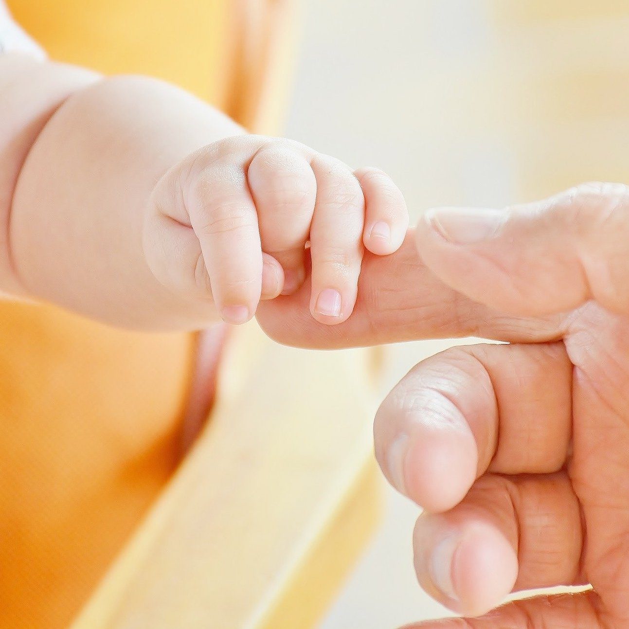 Babyhand grijpt volwassen hand